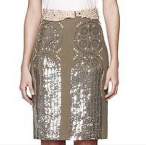 Tory Burch Clara Sequin Skirt Women Sz2 Dark Green 100% Linen